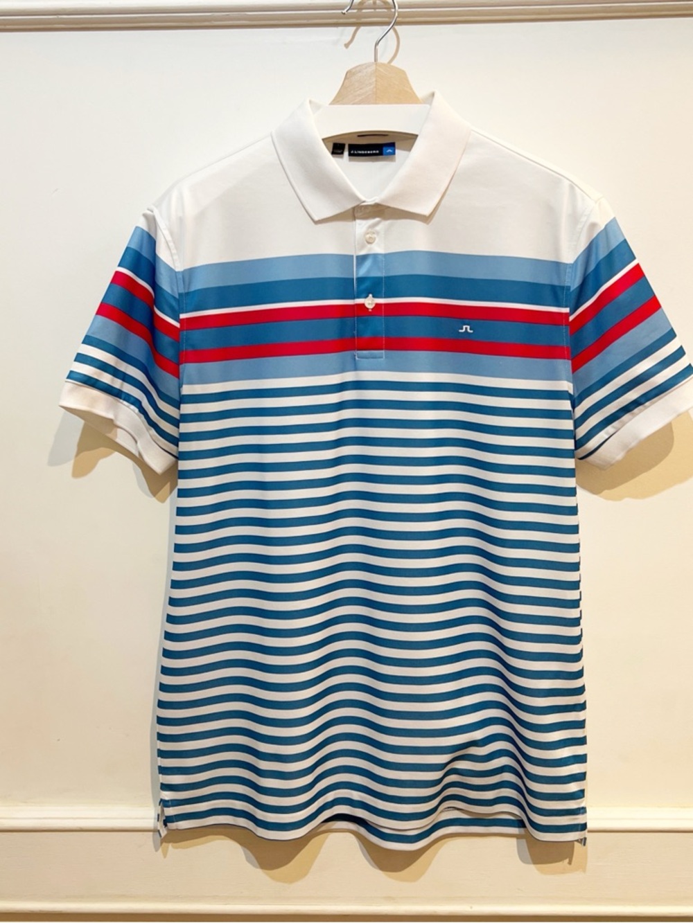 J.Lindeberg White/Blue/Red Striped Performance Polo